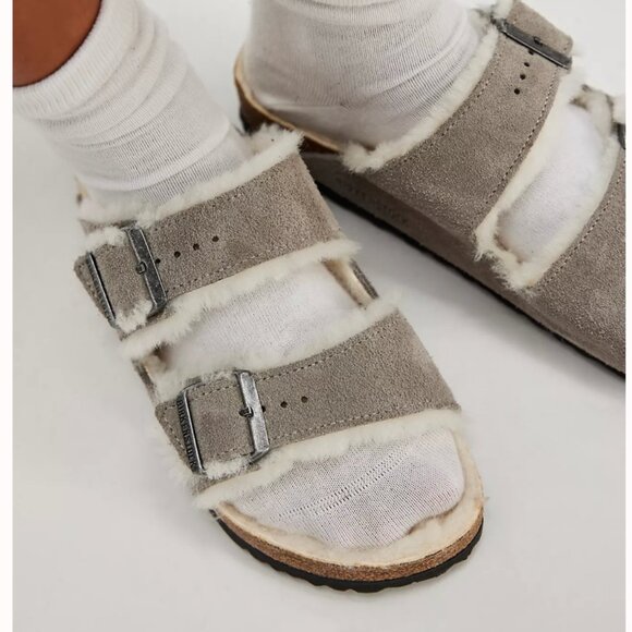 Birkenstock Arizona Shearling Suede Leather - Stone Coin - Picture 1 of 11